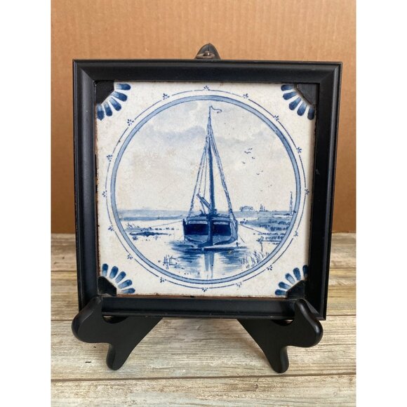 Villeroy & Boch Other - 1900s Villeroy Boch Mettlach Delft Style Tile Blue White Sailboat Nautical Scene